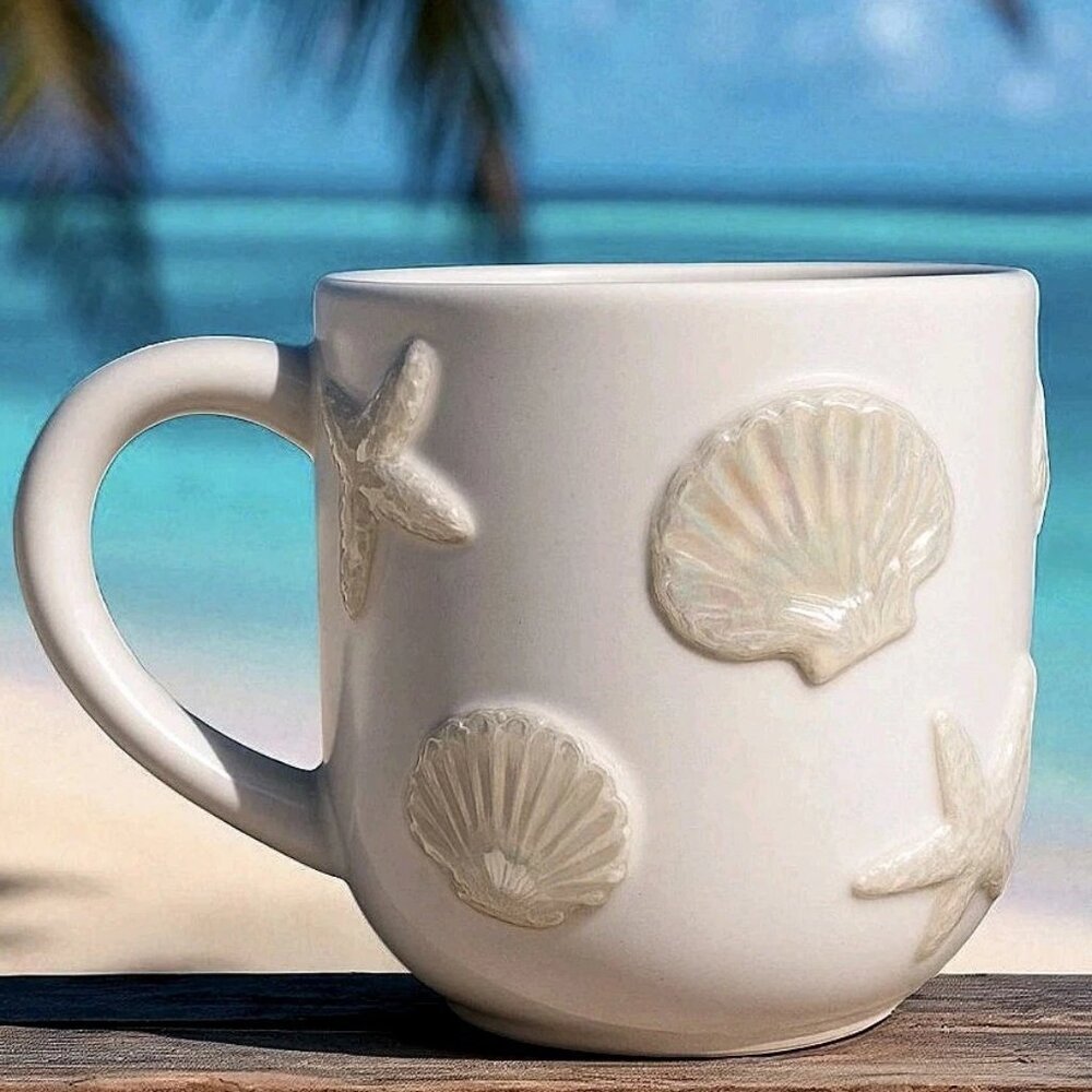 NEW Pottery Barn Embossed Coastal Seashell Mug 17 OZ Stoneware NIB